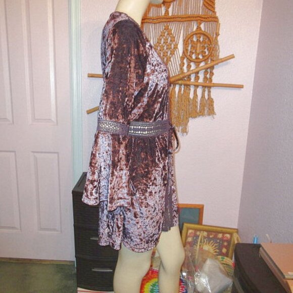 Vtg Velvet Kimono Size S Crochet Bell Sleeves Witchy Fairy Grunge Vamp Y2K 90s - Picture 6 of 11